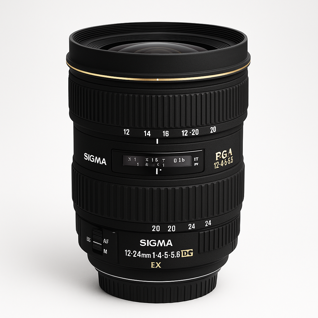 Sigma 12–24 mm ofurvíðlinsa fyrir Canon EF, á hvítum bakgrunni