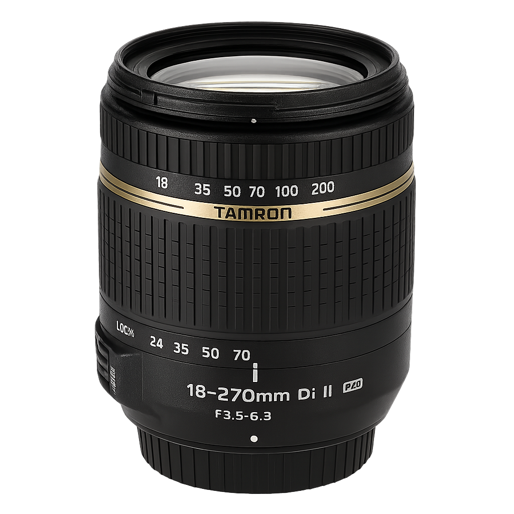 Tamron 18–270 mm f/3.5–6.3 Di II VC PZD linsa fyrir Canon EF (APS-C), á hvítum bakgrunni